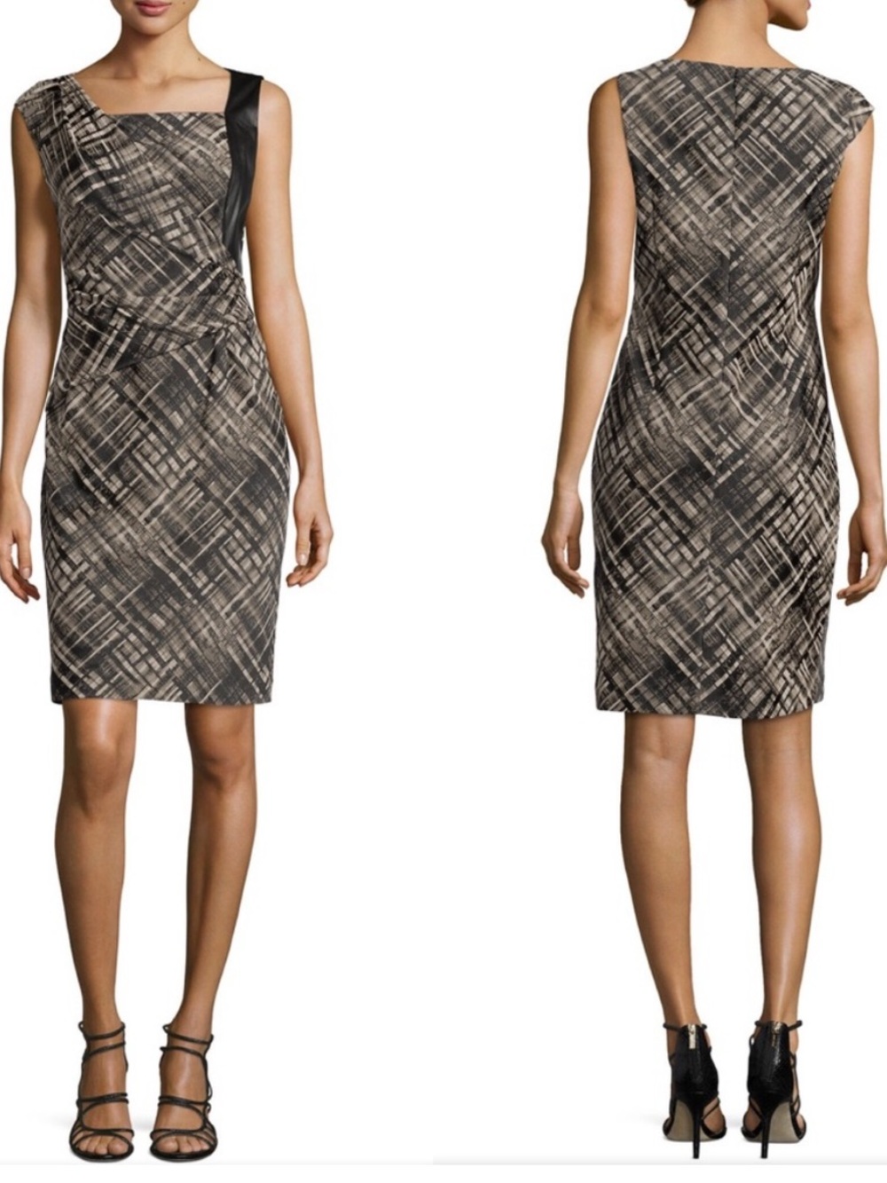 Lafayette 148 Vania Plaid Sheath Dress Brown Black Leather Accent Career Size 6